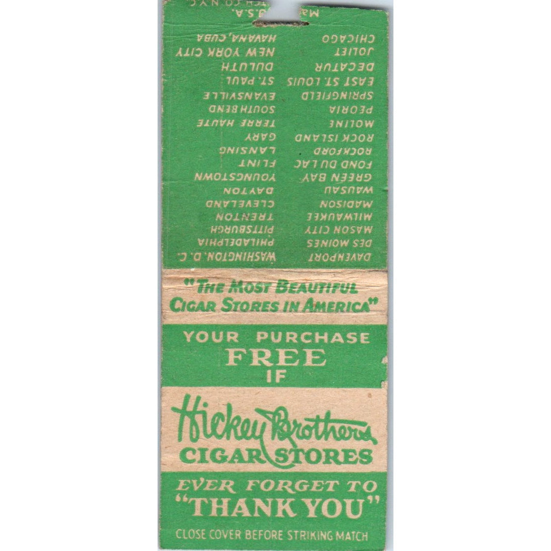 Hickey Brothers Cigar Stores Vintage Matchbook Cover SD4-Y3