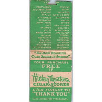 Hickey Brothers Cigar Stores Vintage Matchbook Cover SD4-Y3