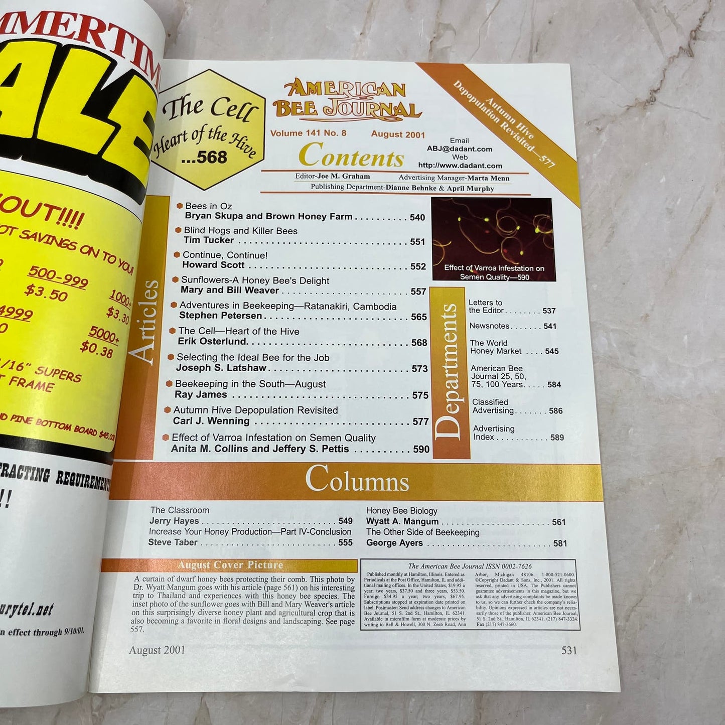 2001 Aug American Bee Journal Magazine Bees Beekeeping Honey M7