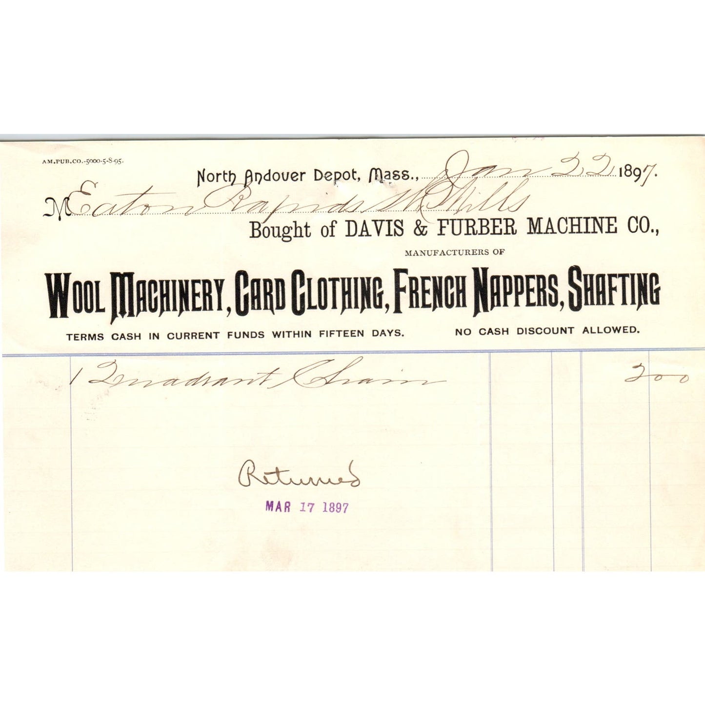 1897 Davis & Furber Machine Co North Andover Depot MA Billhead Letterhead D17-1