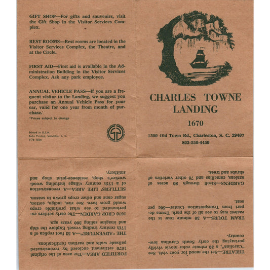 Vintage Charles Towne Landing 1670 Charleston SC Fold Out Travel Brochure TF4-B1