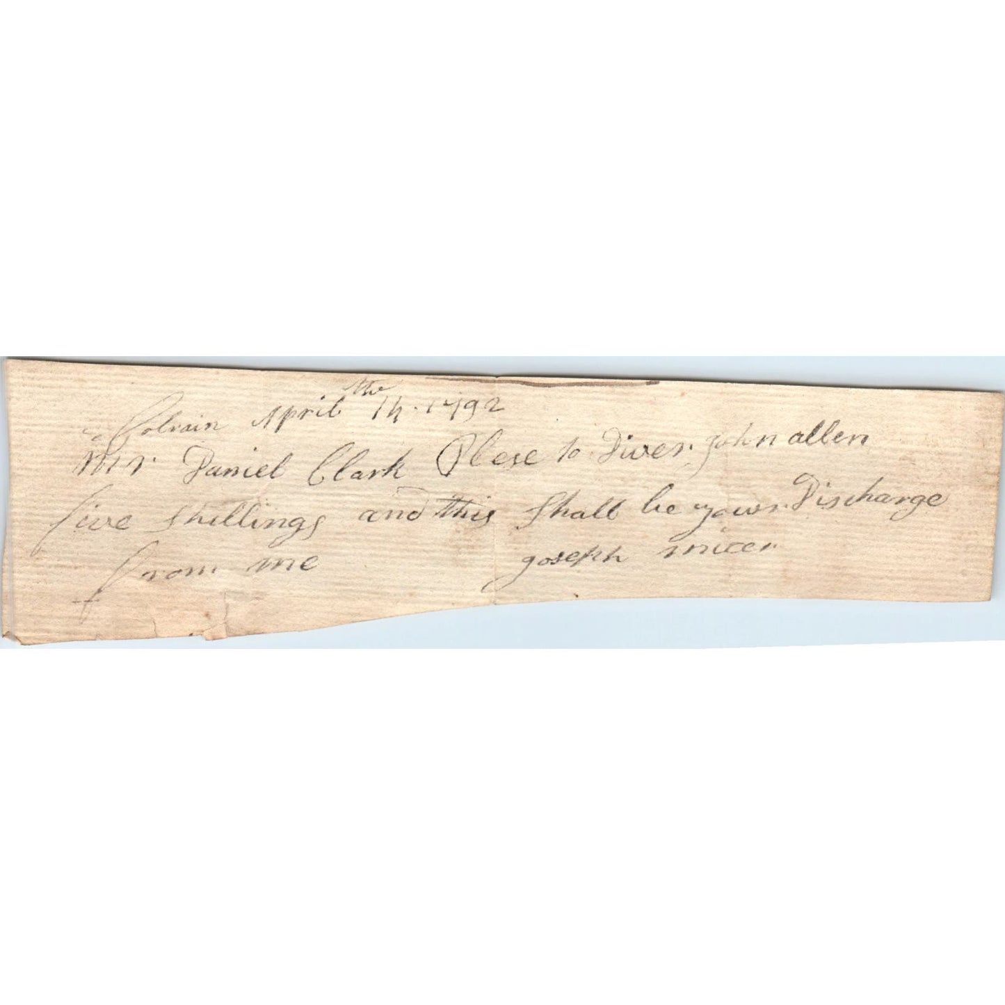 1792 Handwritten Receipt Colrain Massachusetts Daniel Clark John Allen AE6-07