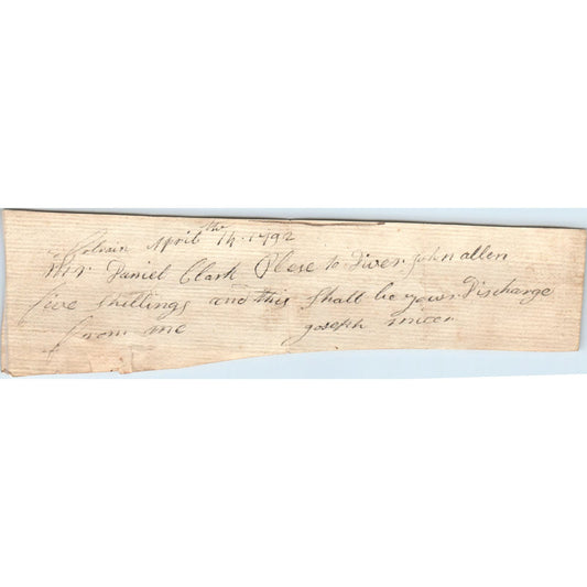 1792 Handwritten Receipt Colrain Massachusetts Daniel Clark John Allen AE6-07