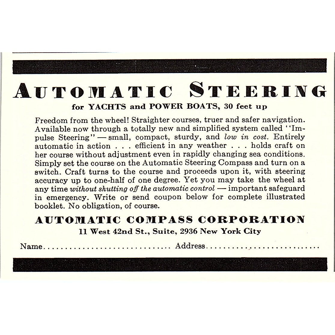 Automatic Steering For Yachts & Power Boats Automatic Compass NY 1932 Ad AG2-M19