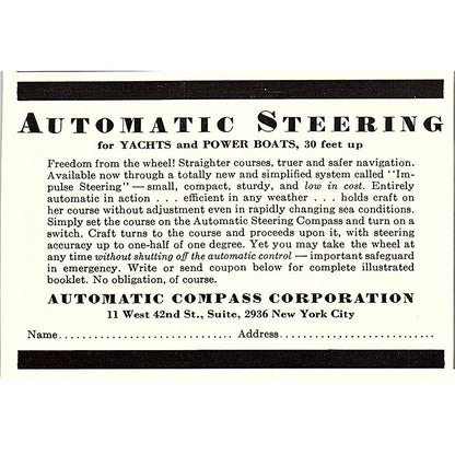 Automatic Steering For Yachts & Power Boats Automatic Compass NY 1932 Ad AG2-M19
