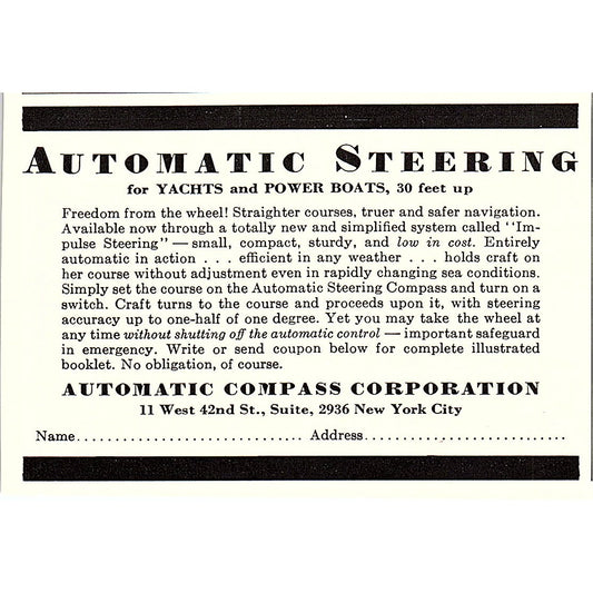 Automatic Steering For Yachts & Power Boats Automatic Compass NY 1932 Ad AG2-M19