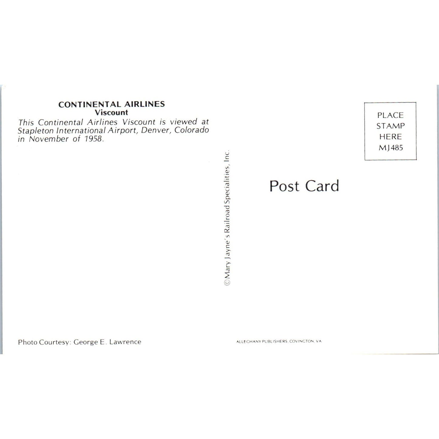 Continental Airlines Viscount Vintage Postcard PC19