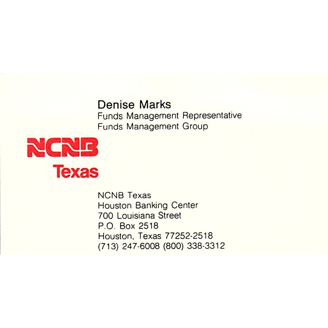 Denise Marks NCNB Texas Houston Vintage Business Card SD9-B7