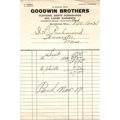 Goodwin Brothers Clothing Southbridge MA 1925 Original Billhead Receipt D8-LL