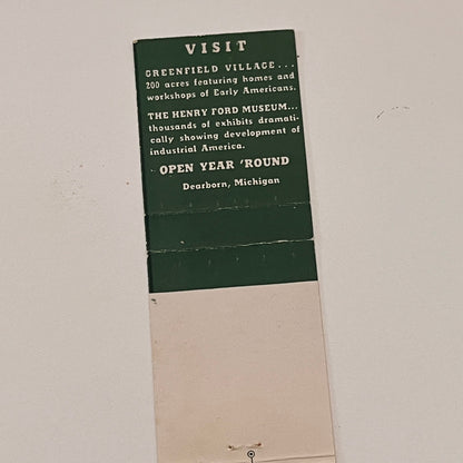 Visit Greenfield Village Dearborn MI Vintage Matchbook Cover TB6-MB2-2
