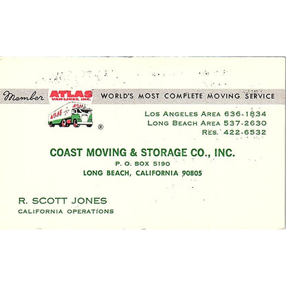 Coast Moving & Storage Co R. Scott Jones Long Beach CA Business Card SB4-B7