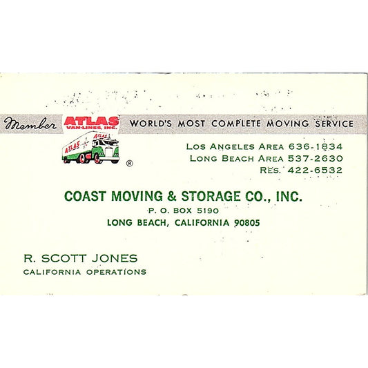 Coast Moving & Storage Co R. Scott Jones Long Beach CA Business Card SB4-B7