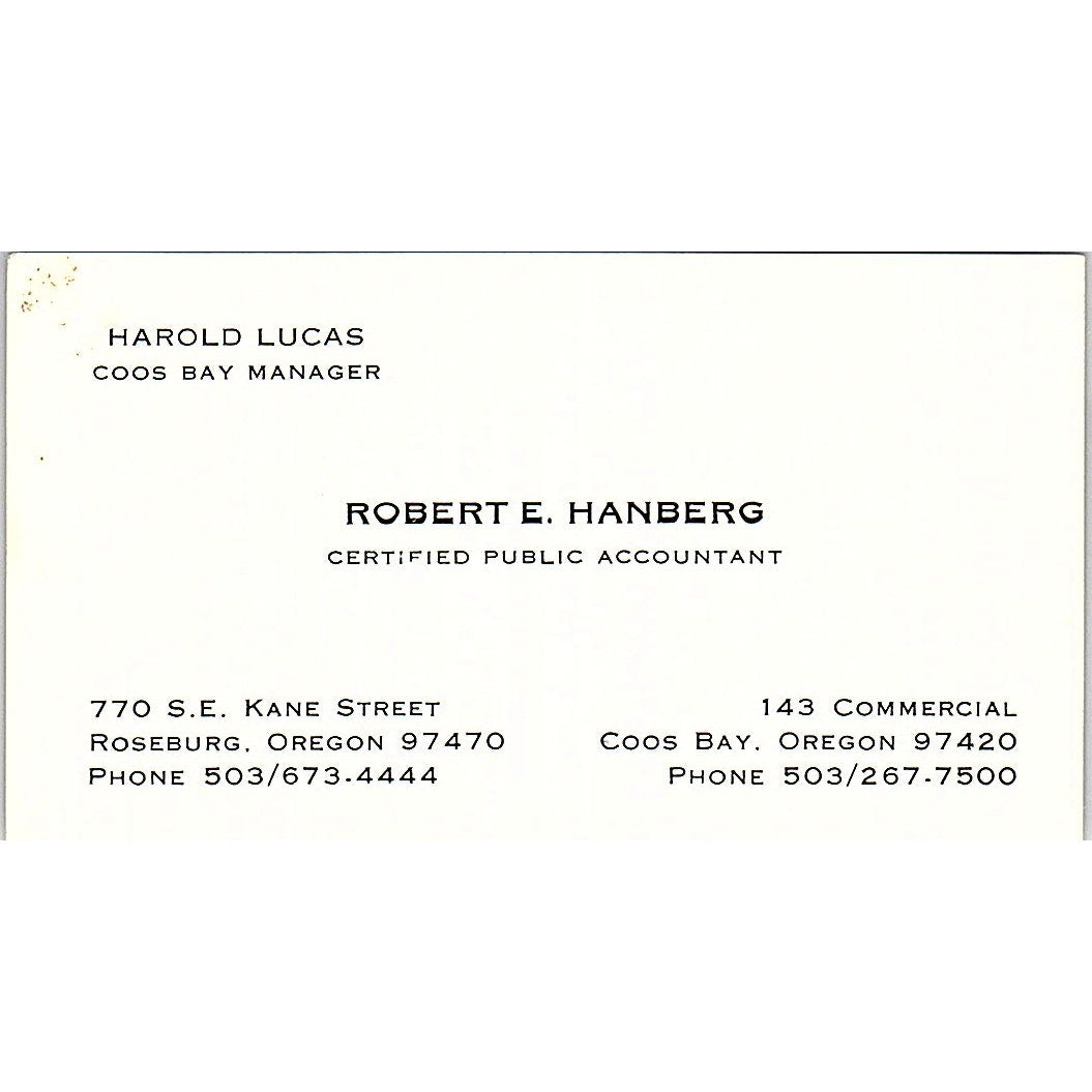 Robert E Hanberg CPA Harold Lucas Coos Bay Roseburg Vintage Business Card SD9-B1