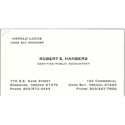 Robert E Hanberg CPA Harold Lucas Coos Bay Roseburg Vintage Business Card SD9-B1