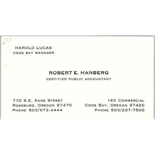 Robert E Hanberg CPA Harold Lucas Coos Bay Roseburg Vintage Business Card SD9-B1