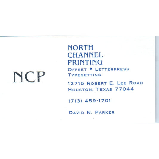North Channel Printing David N. Parker Houston TX Vintage Business Card SD4-B3