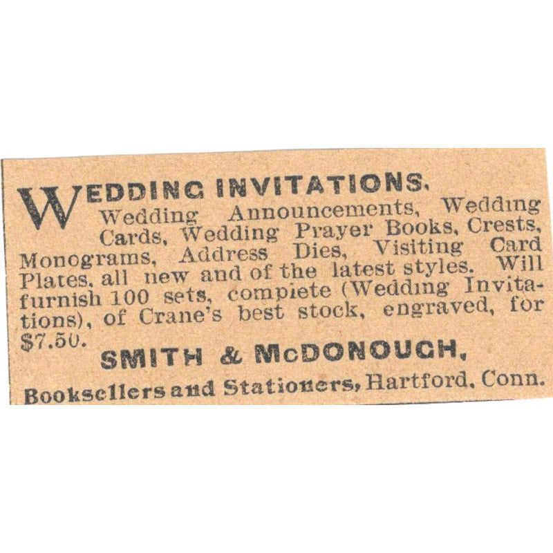 Smith & McDonough Wedding Invitations Hartford 1901 Newspaper Ad AD8-HS9
