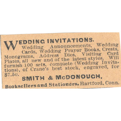 Smith & McDonough Wedding Invitations Hartford 1901 Newspaper Ad AD8-HS9