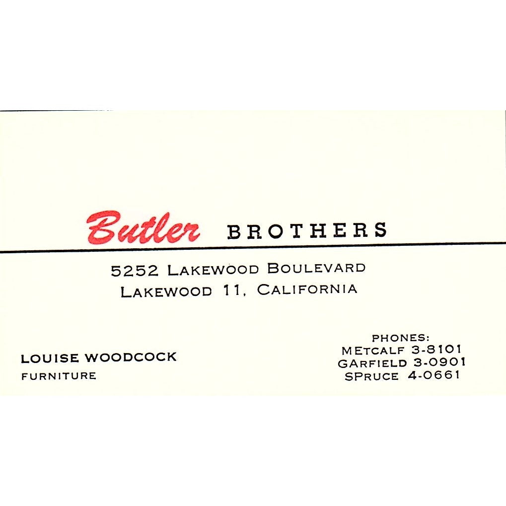 Butler Brothers Louise Woodcock Lakewood CA Vintage Business Card SB4-B8