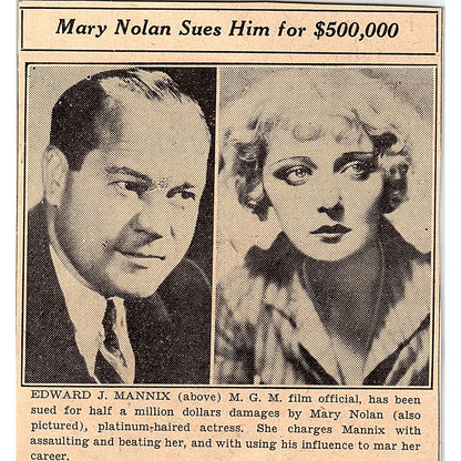 Mary Nolan Sues Edward J Mannix MGM Films 1935 Newspaper Article AG6-H2