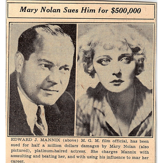 Mary Nolan Sues Edward J Mannix MGM Films 1935 Newspaper Article AG6-H2