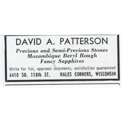 David A. Patterson Precious Stones Hales Corners WI 1964 Magazine Ad AK6-S5
