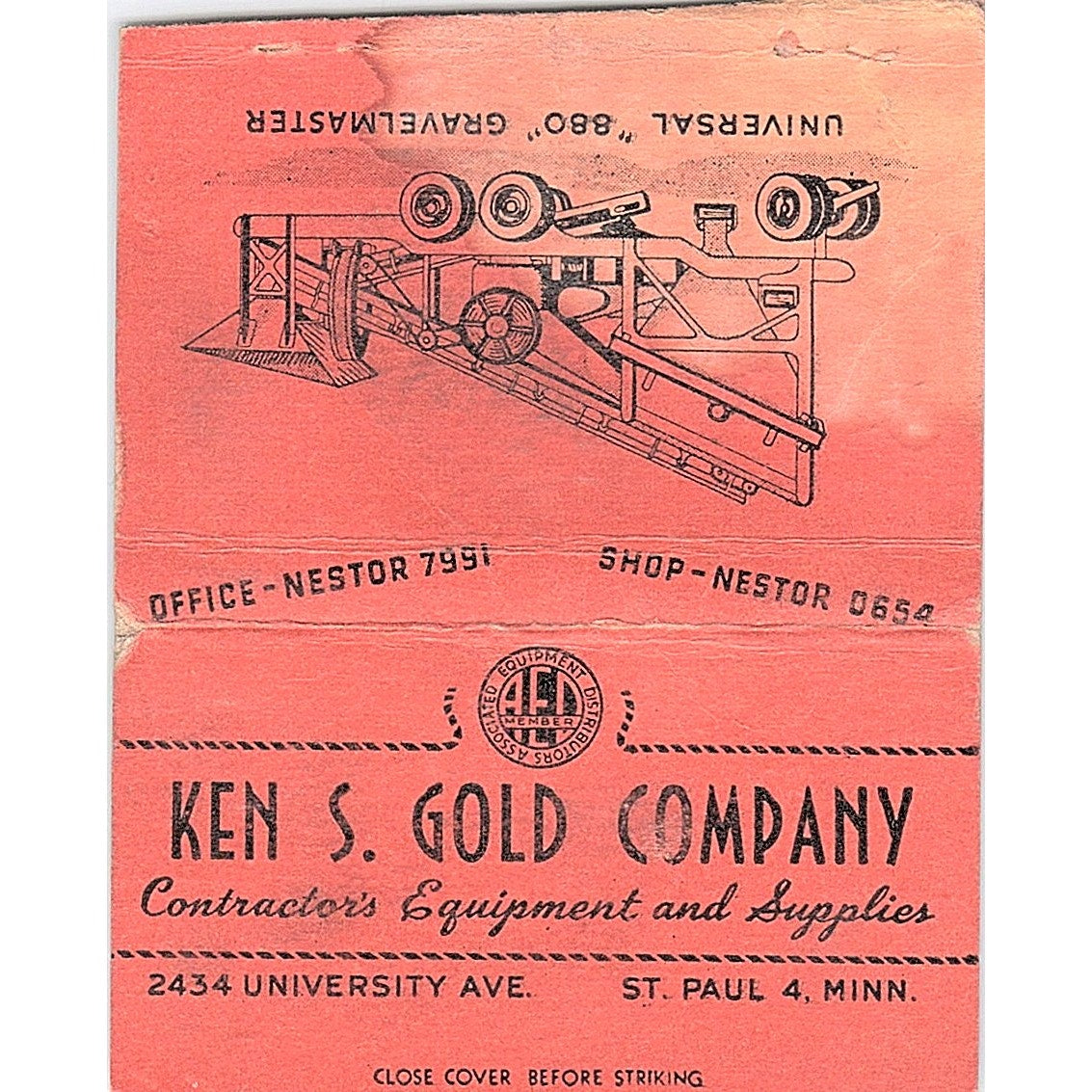 Ken S. Gold Company 880 Gravelmaster St Paul MN Vtg Large Matchbook Cover TH2-Y4
