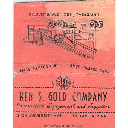 Ken S. Gold Company 880 Gravelmaster St Paul MN Vtg Large Matchbook Cover ML1-8