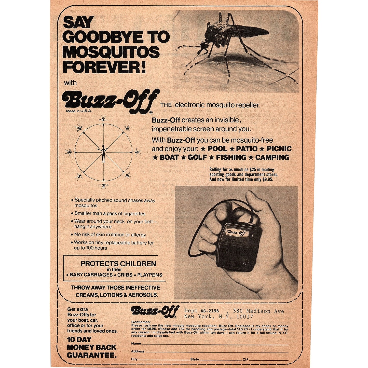 Buzz-Off Electronic Mosquito Repeller New York NY 1976 Ad AG1-17