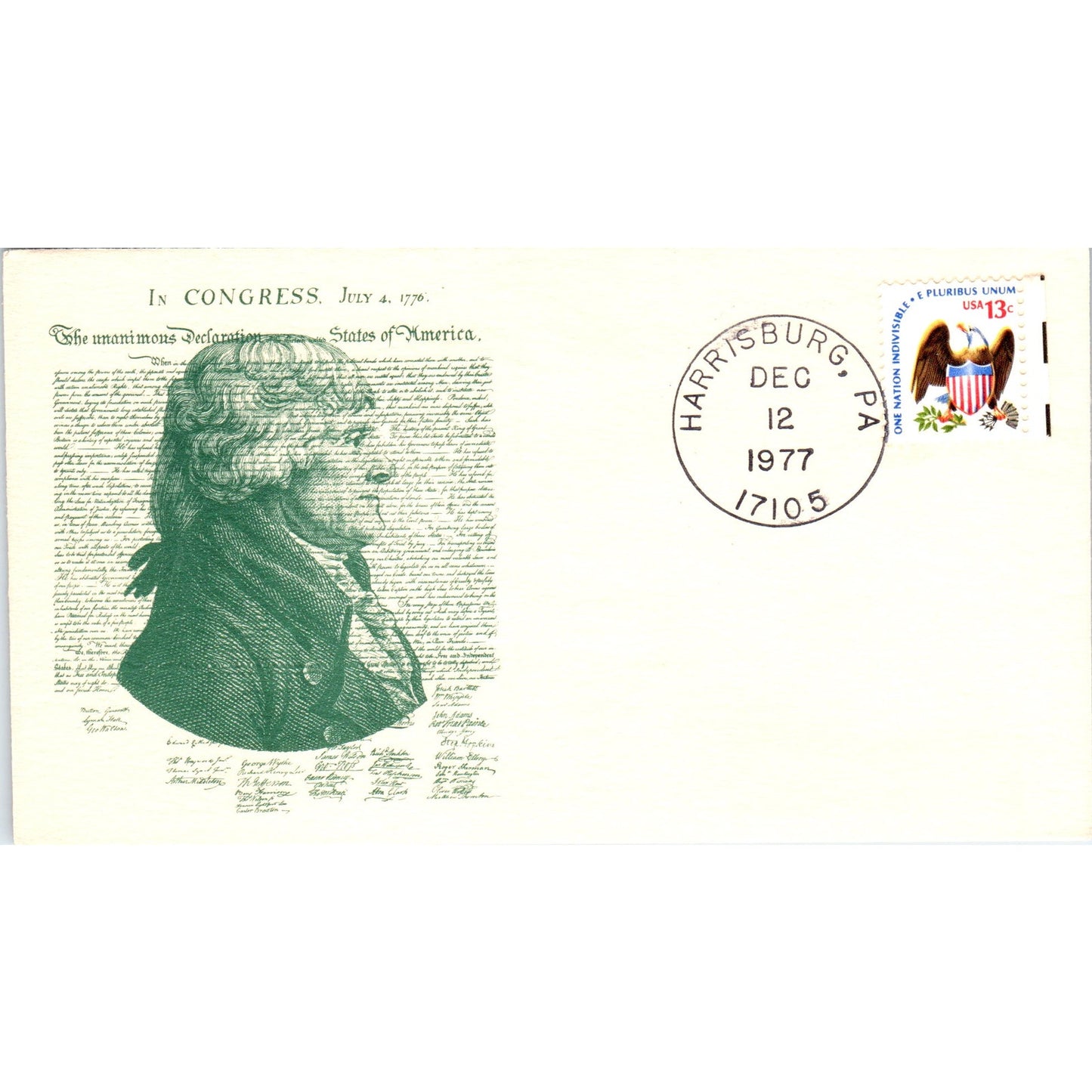 1977 Declaration of Independence Jefferson Harrisburg PA Postal Cover TI5-PC1
