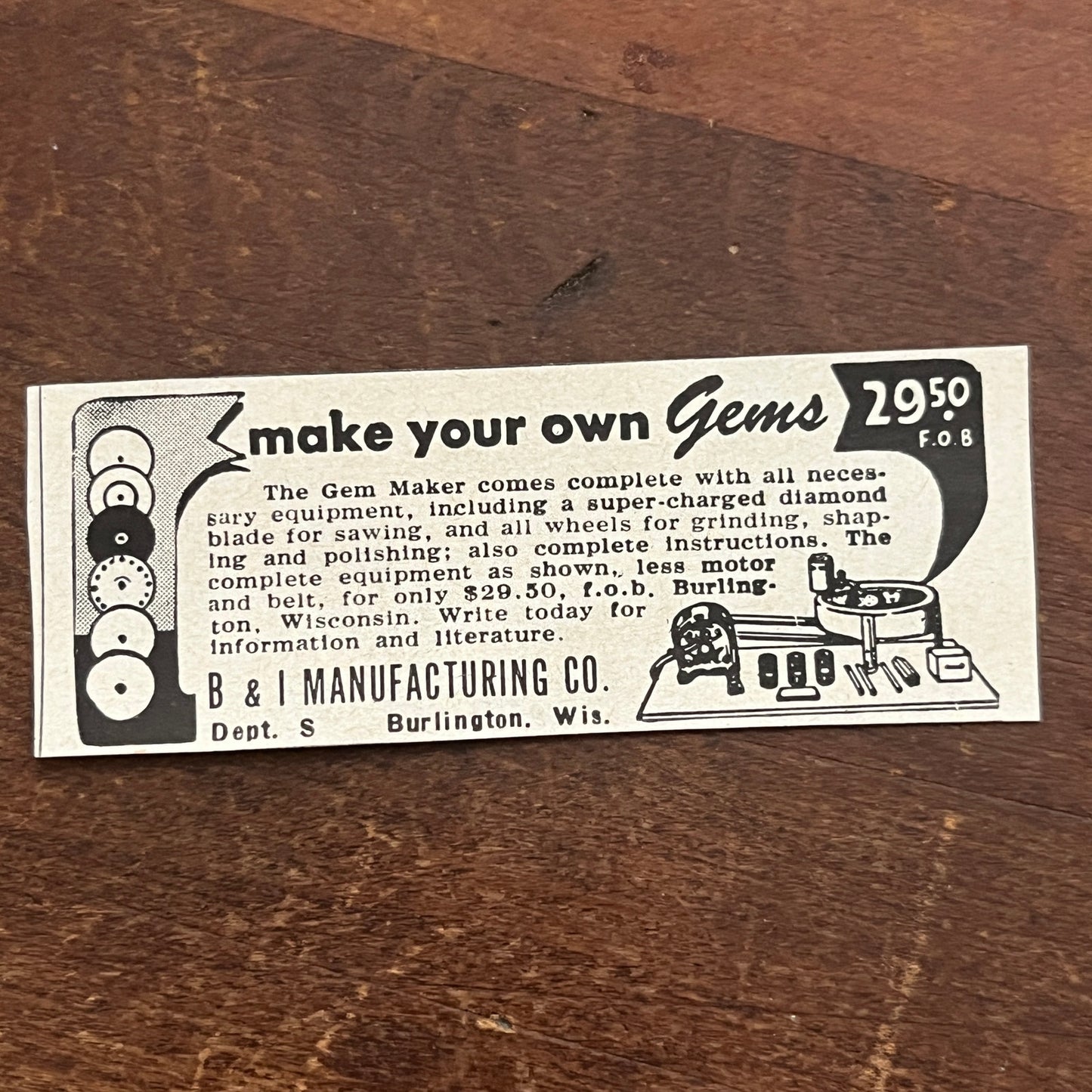 Make Your Own Gems - B&I Manufacturing Co Burlington WI 1955 Ad AF9-S2