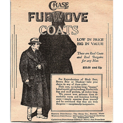 Chase Furwove Coats Black Bear Brown Bear Muskrat 1920 Ad AG2-6