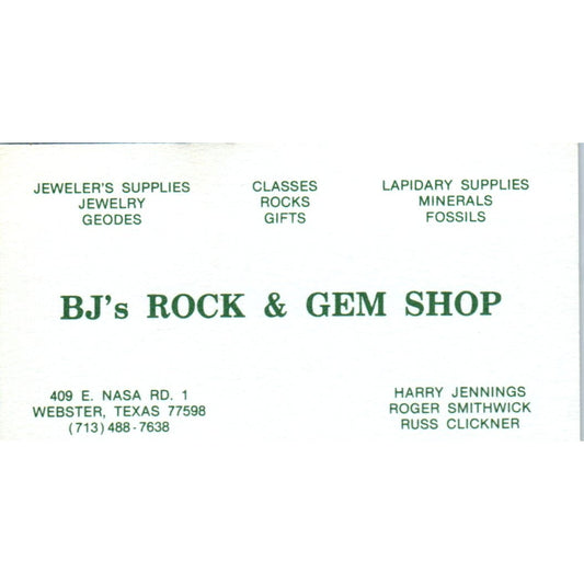 BJ's Rock & Gem Shop, Clear Lake Coins & Stamps Webster TX Business Card SD8-B6
