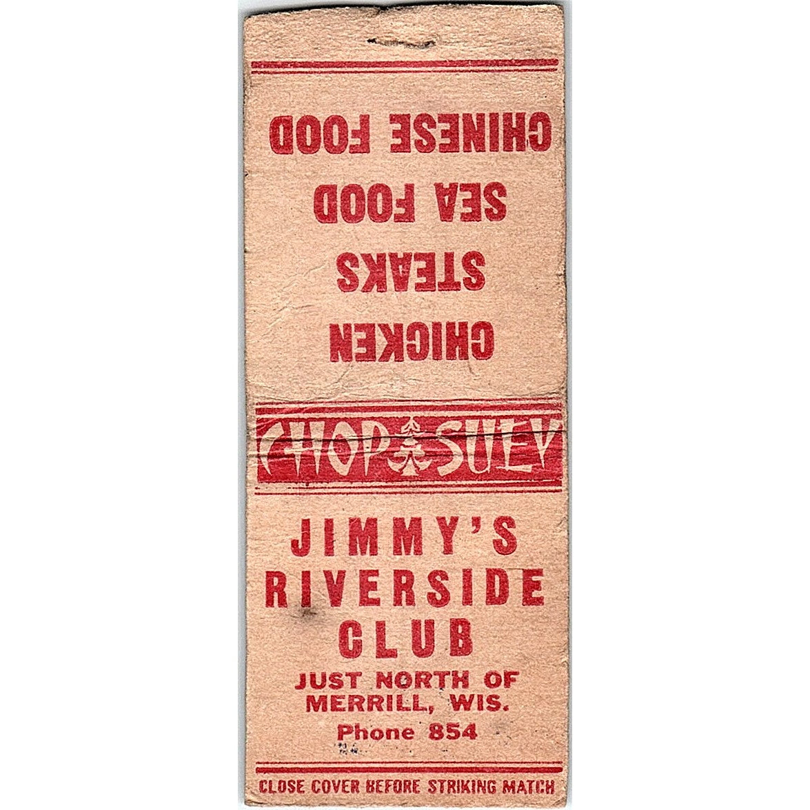 Jimmy's Riverside Club Merrill WI Vintage Matchbook Cover SF3-Y5