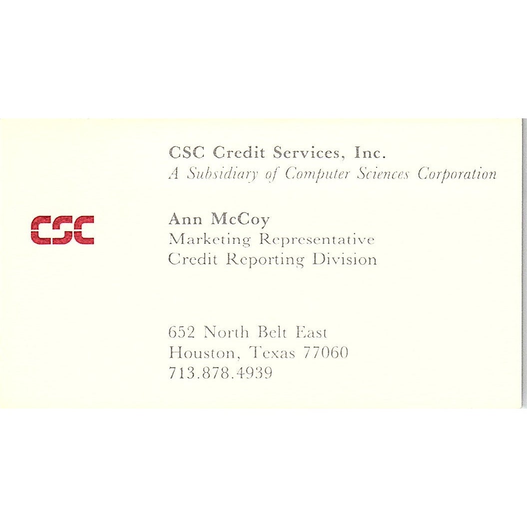 Ann McCoy CSC Credit Services Inc Houston Vintage Business Card SD9-B7