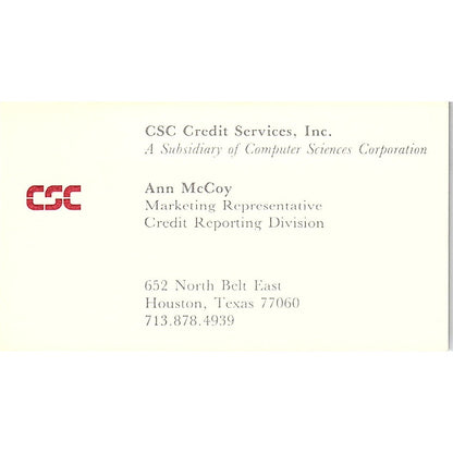 Ann McCoy CSC Credit Services Inc Houston Vintage Business Card SD9-B7