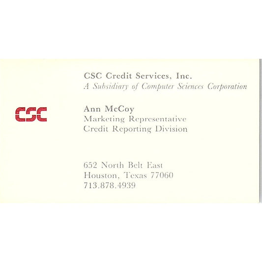 Ann McCoy CSC Credit Services Inc Houston Vintage Business Card SD9-B7