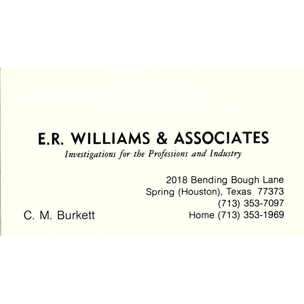E.R. Williams & Associates C.M. Burkett Houston TX Vintage Business Card SB4-B3