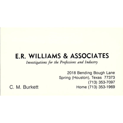 E.R. Williams & Associates C.M. Burkett Houston TX Vintage Business Card SB4-B3