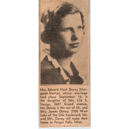 Fergus Falls MN Edward Hunt Devoy Margaret Nevius Marriage 1935 Article AE7-N5