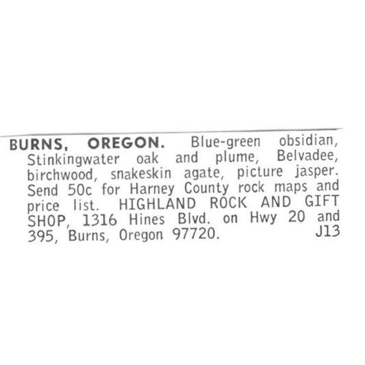 Highland Rock and Gift Shop Burns Oregon 1972 Ad AF8-S13