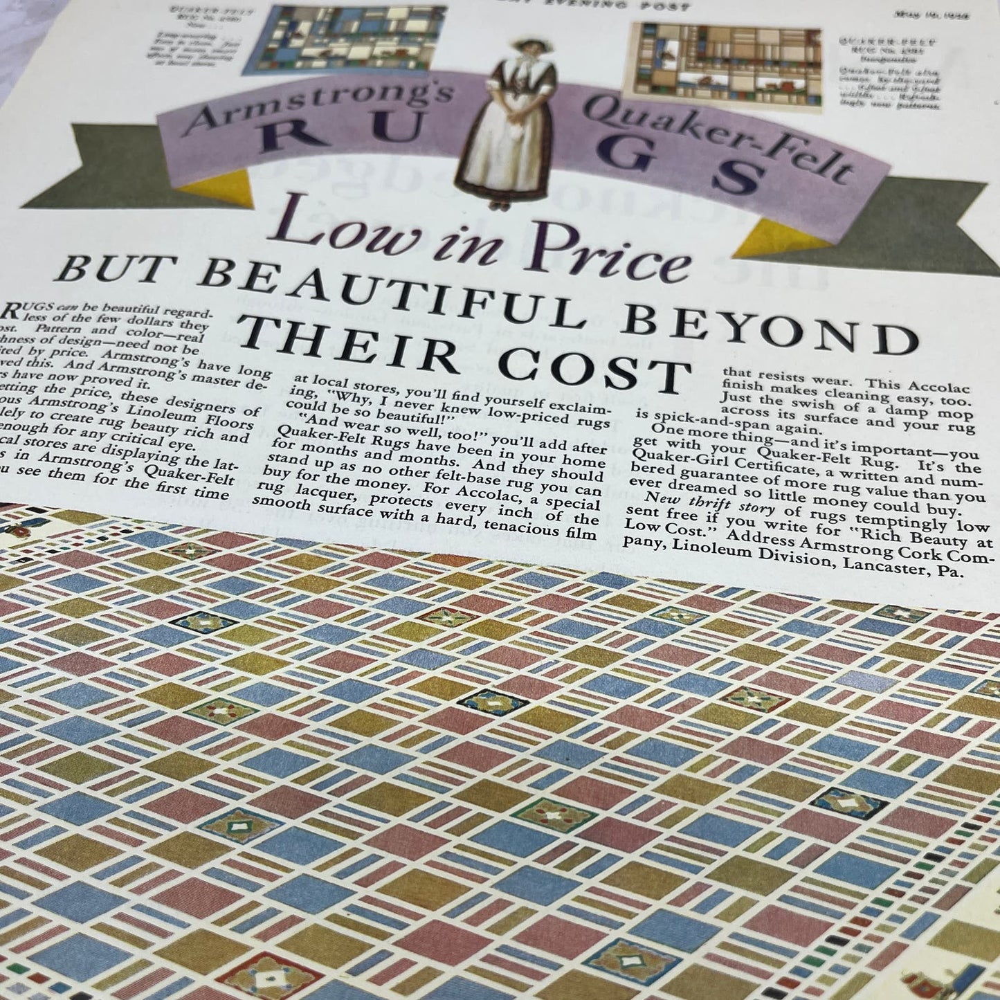 Armstrong's Quaker-Felt Rugs 1928 Original Magazine Advertisement FL6-8