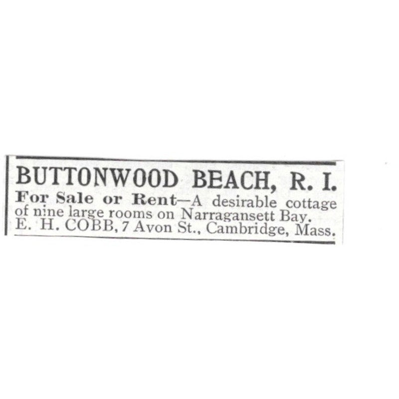 E.H. Cobb Buttonwood Beach RI Cottage for Rent 1903 Ad AG3-S13