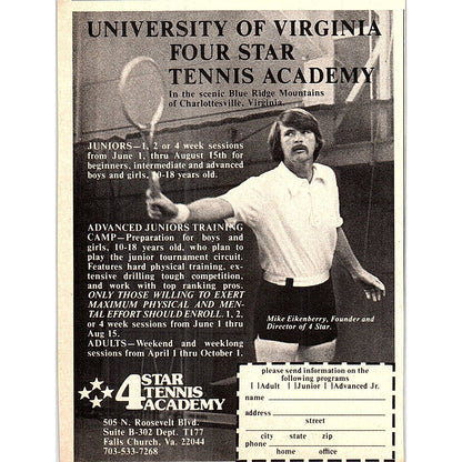 4 Star Tennis Academy Mike Eikenberry Charlottesville VA 1977 Ad AF3-M1