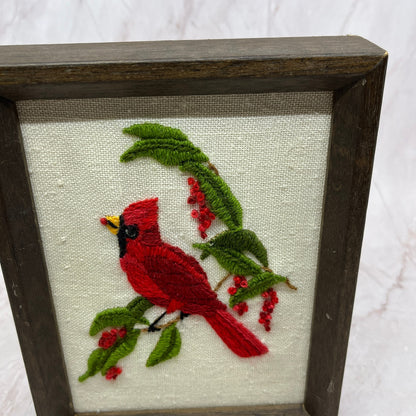 Vintage Red Cardinal Bird Mid Century Embroidery Handmade Wall Art 6x8" Ti5