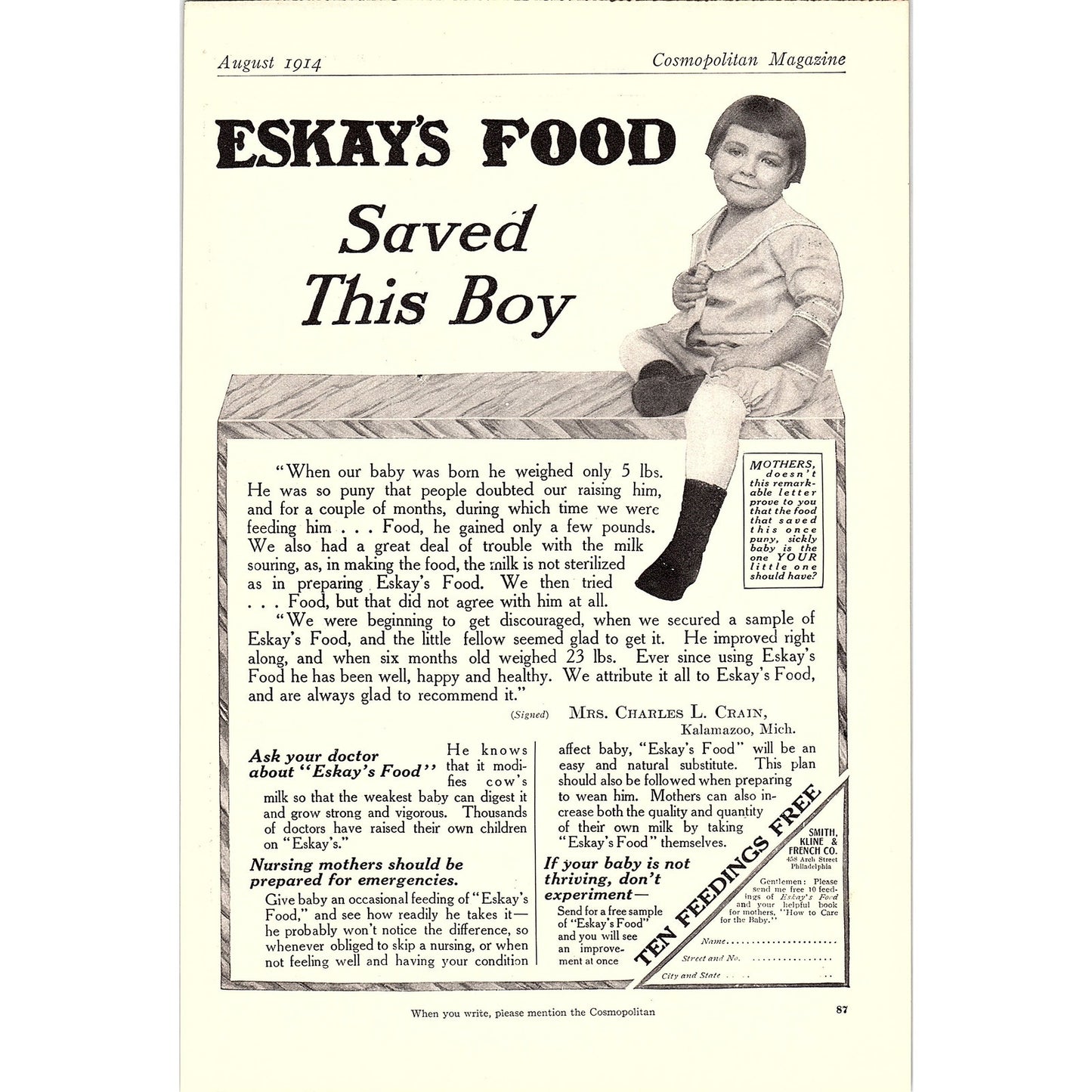 Eskay's Food Mrs. Charles L. Crain Kalamazoo MI Vintage Magazine Ad 7x10 V10