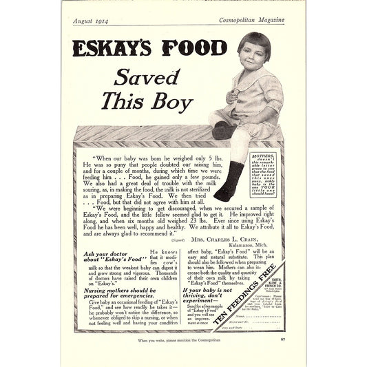 Eskay's Food Mrs. Charles L. Crain Kalamazoo MI Vintage Magazine Ad 7x10 V10