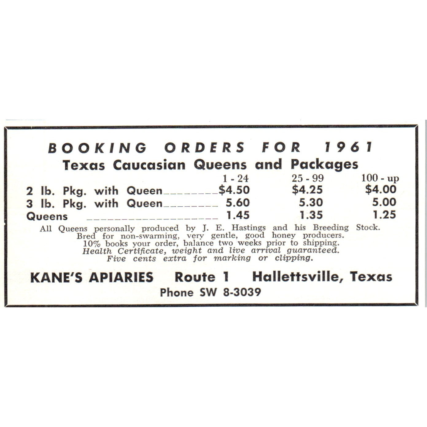 Kane's Apiaries Hallettsville Texas 1961 Magazine Ad AB6-LB