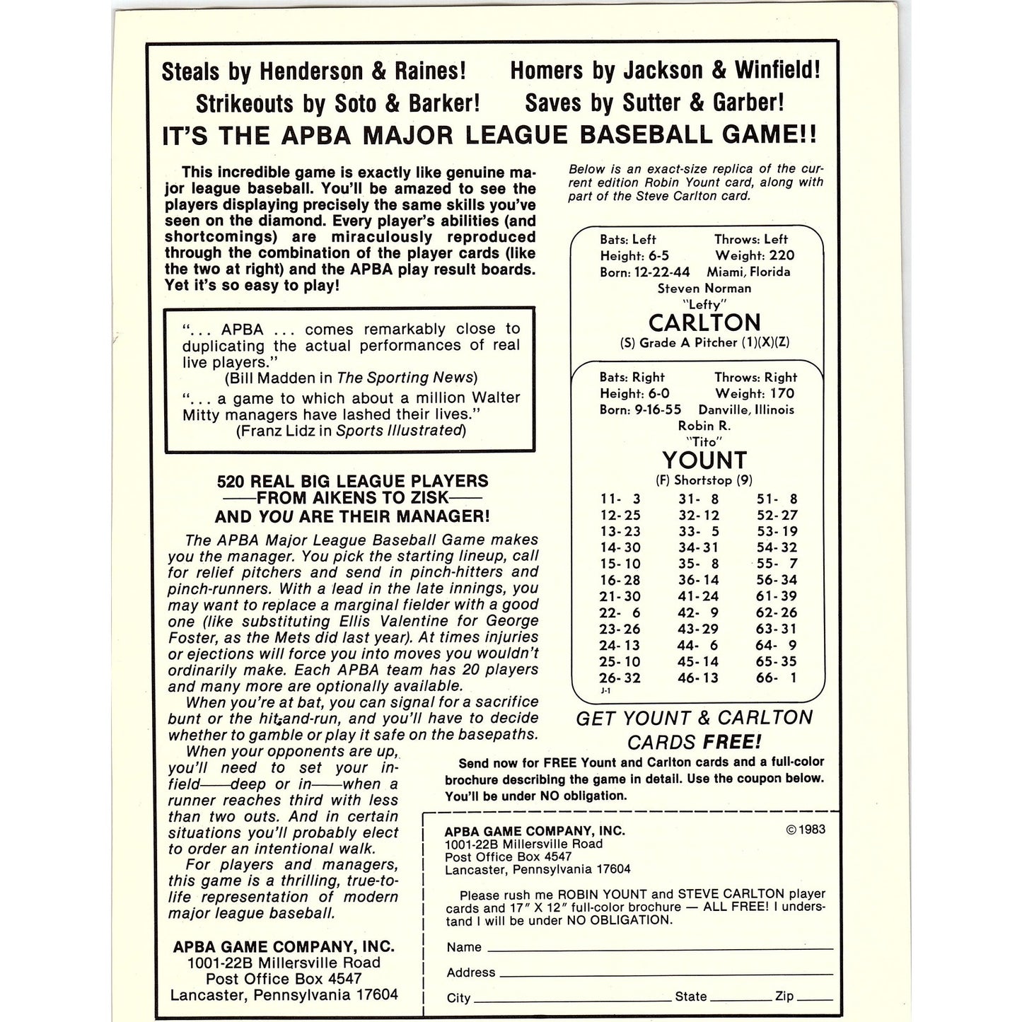 APBA Game Company Major League Baseball Game 8x11" 1983 Ad D26