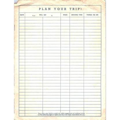 Vtg National Motor Club Trip Planning Sheet Advertising AE8